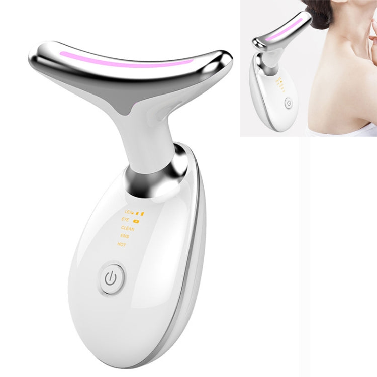 White and silver LED neck beauty massager with curved pink light bar and power button