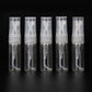 Five transparent 2ml mini perfume spray bottles with clear curved tubes and pumps