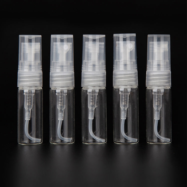 Five transparent 2ml mini perfume spray bottles with clear curved tubes and pumps