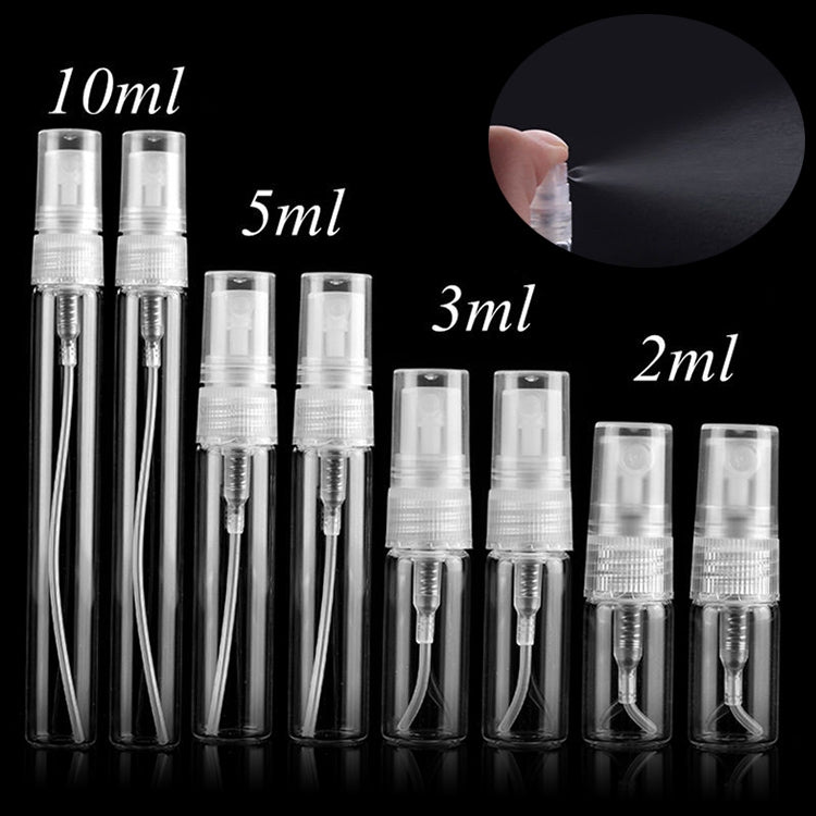 Clear empty perfume spray bottles with caps, including 5ml sizes