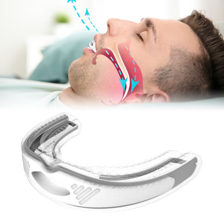 White anti-snoring mouth brace with curved insert, shown on a sleeper’s mouth