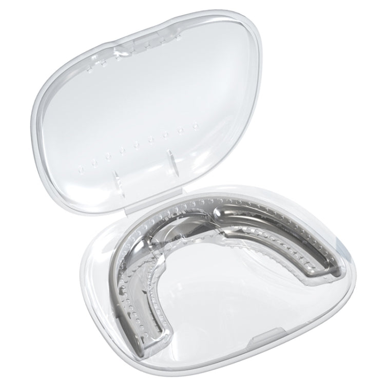Clear-lidded anti-snoring mouth brace case with white mouthpiece insert