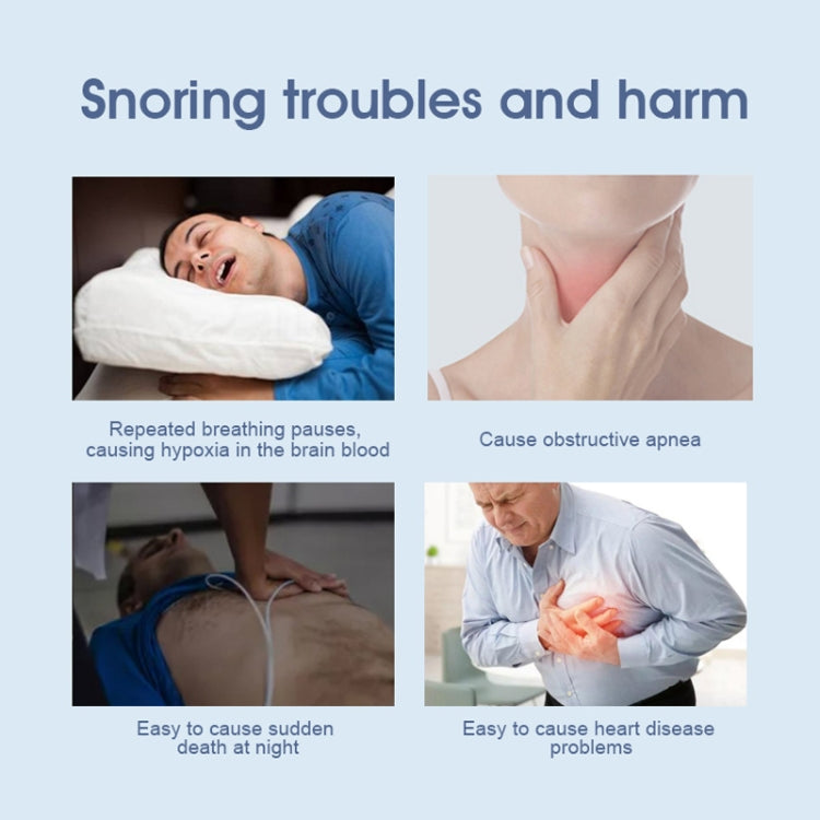 Anti-snoring brace infographic showing sleeping and throat discomfort photos