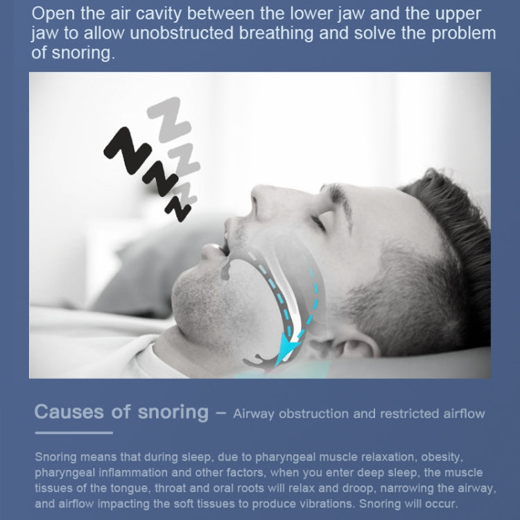 Anti-snoring brace infographic with sleeper photo and airflow diagram