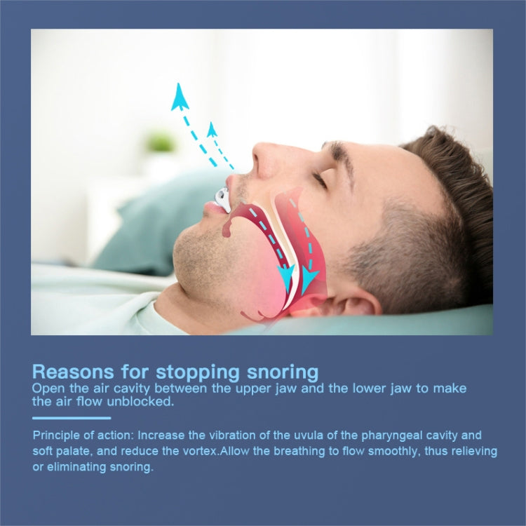 Anti-snoring brace infographic with sleeper photo and jaw airflow illustration