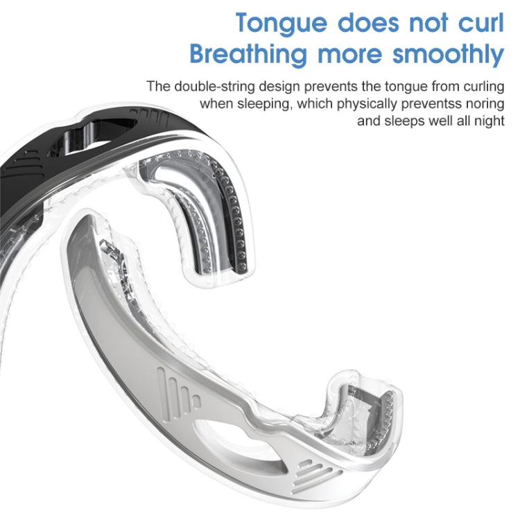 Clear anti-snoring mouth brace with curved tongue guard and textured grips