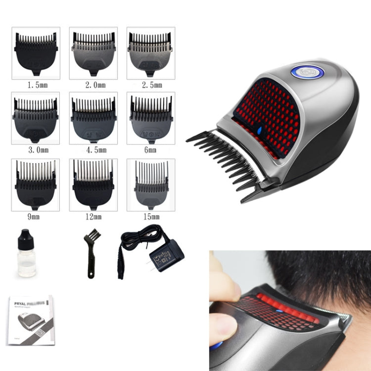 Stainless steel electric hair shaver/clipper with silver body and red cutting grille