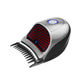 Electric hair clipper with silver body, red cutter grille, and black side housing