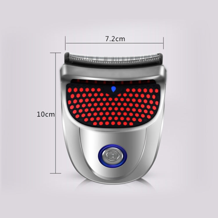 Silver electric hair clipper front with red cutting grid and blue power button