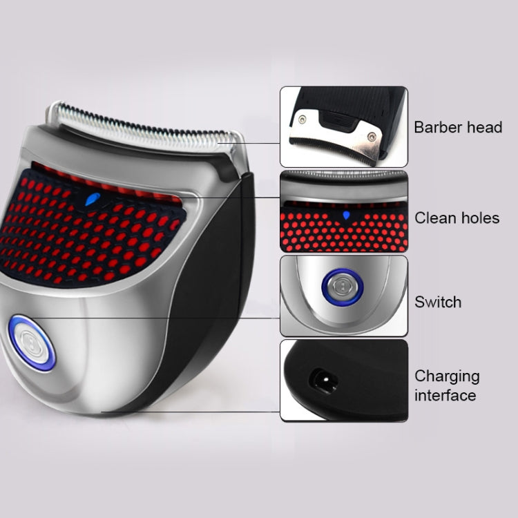 Electric hair clipper diagram showing cutting head, switch, and charging port