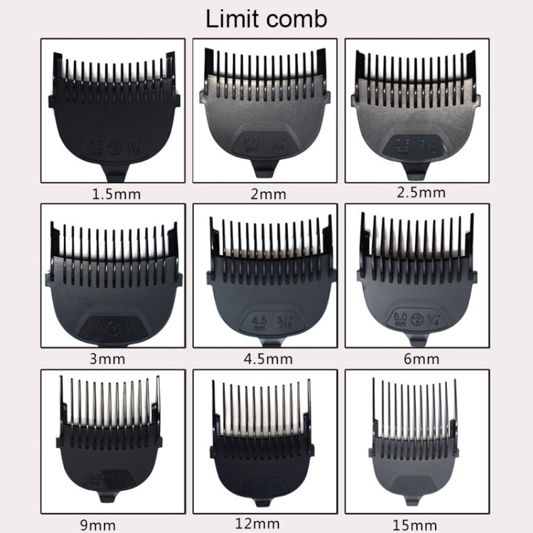 Multi-length limit comb guards set for electric hair clipper, 1.5 to 15 mm