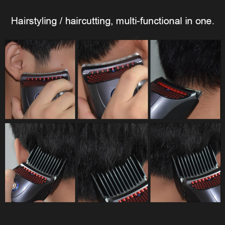 Electric hair clipper trimming hair with red cutting head attachment