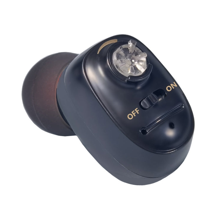 Black in-ear Bluetooth hearing aid earbud shown with ear tip and controls