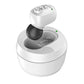 In-ear Bluetooth hearing aid with white charging case and illuminated earbud indicator