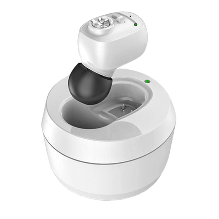 In-ear Bluetooth hearing aid with white charging case and illuminated earbud indicator