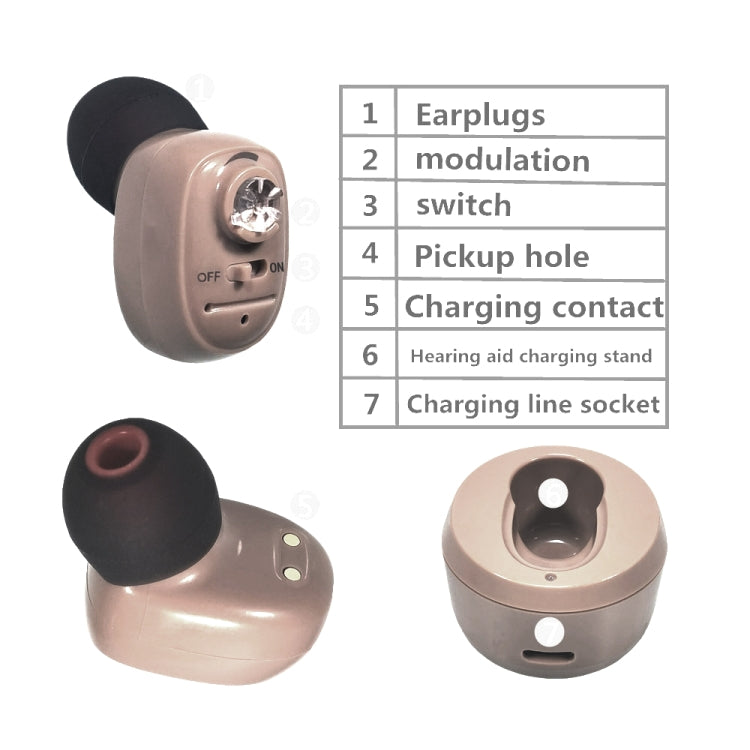 Flesh-colored in-ear Bluetooth hearing aid earbuds with charging case and contacts