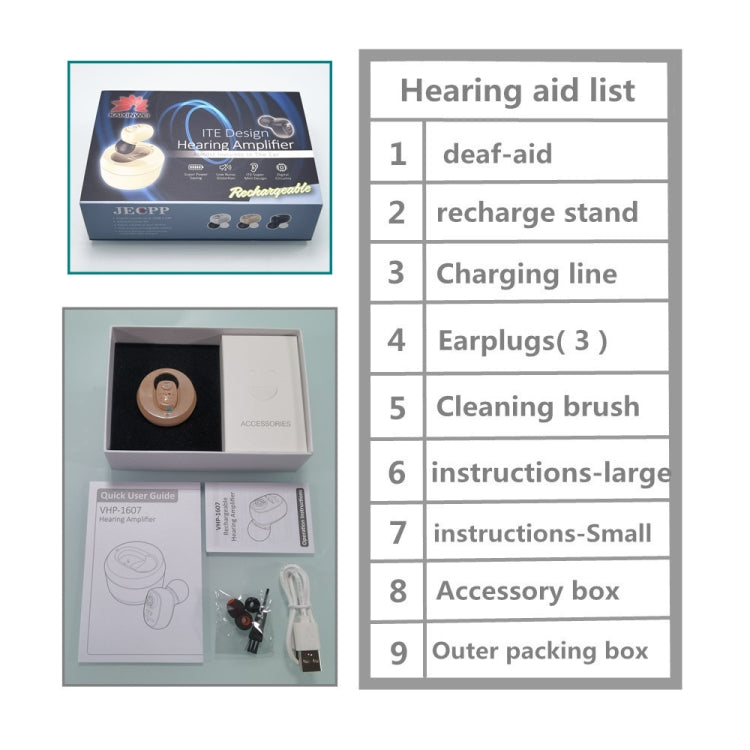 Hearing aid accessory kit with charging case, earplugs, cleaning brush, cables, guide