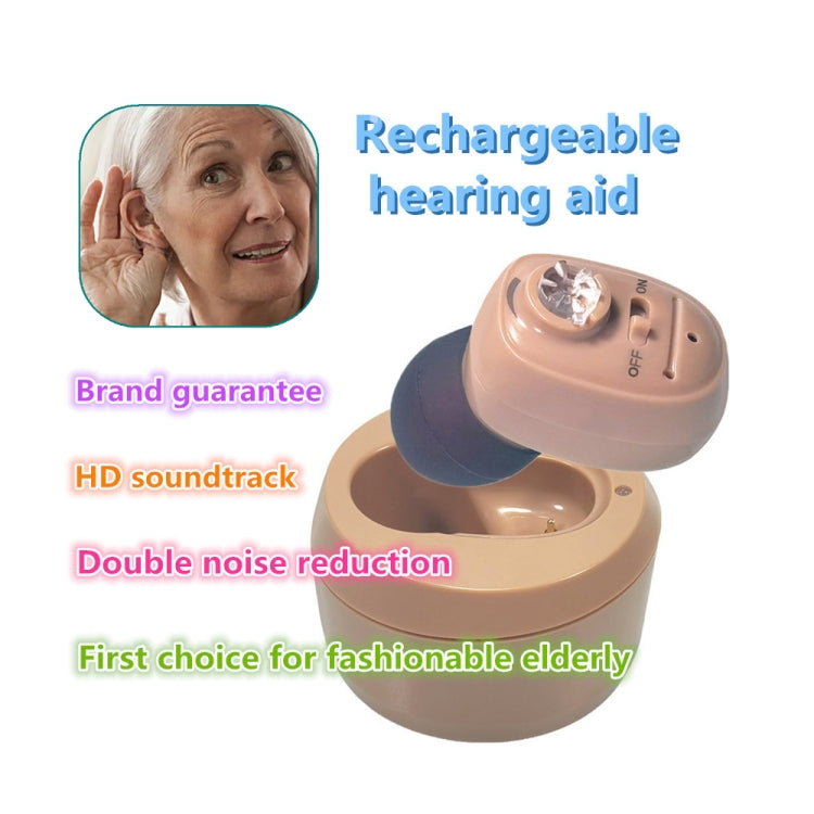 Rechargeable in-ear Bluetooth hearing aid with flesh-colored charging case and earbud