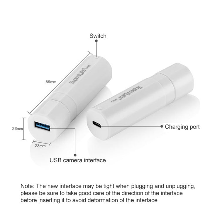 White endoscope body with switch, USB camera interface, and charging port