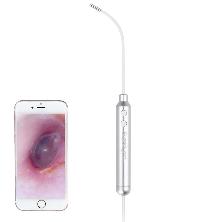 Silver handheld digital endoscope with flexible white cable and small camera tip.