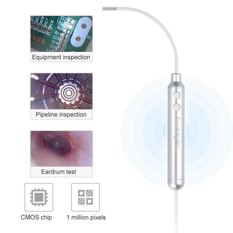 Digital endoscope connected to a smartphone showing an ear view; also includes thumbnails.