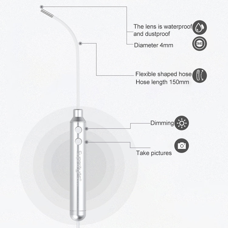 Silver digital endoscope with flexible hose, waterproof design, and fixed-focus lens head.
