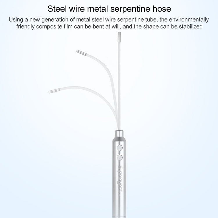 Silver endoscope with white steel-wire serpentine hose for flexible aiming.