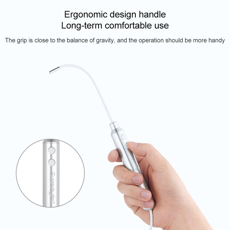 Silver endoscope handle with control buttons in a hand, with flexible white cable.