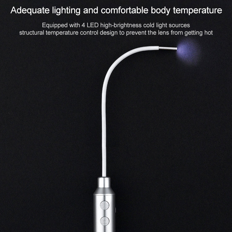 White LED-lit endoscope cable connected to a silver control handle.