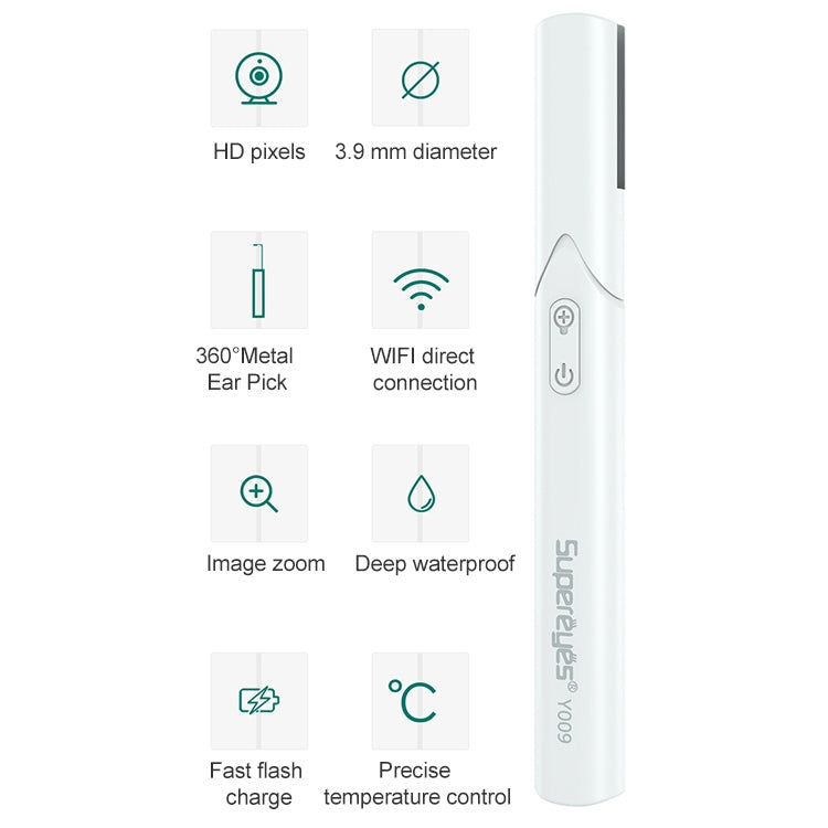 White visual ear pick endoscope with feature icons and long probe