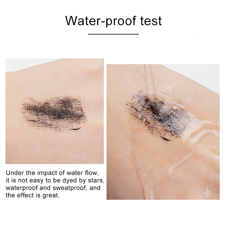 Waterproof test swatches of black mascara on skin, before and after water