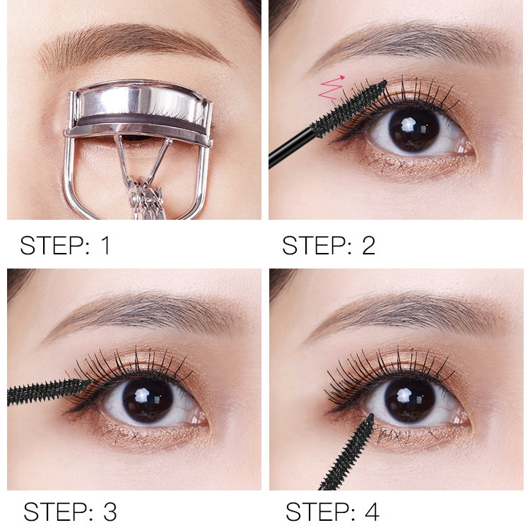 Waterproof eyelash mascara application on curled lashes with black wand
