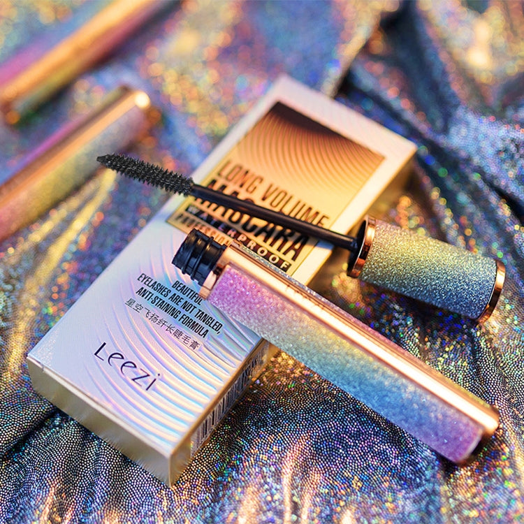 LEEZI waterproof eyelash mascara tubes with gold-and-blue glitter packaging