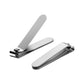 Two nail clippers with straight blades and light gray handles