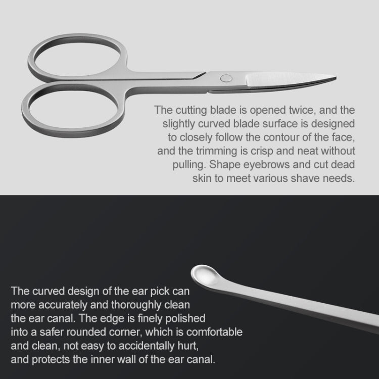 Ear pick tool with curved polished tip and metal cutting edge