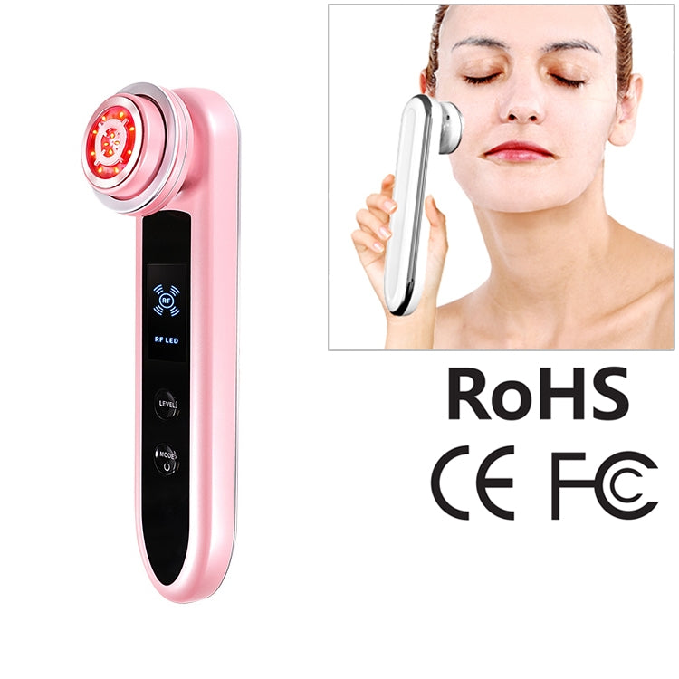 Pink compact facial RF vibration massager with round red LED treatment head