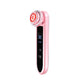 Pink handheld facial massager with circular red LED display and oval black control panel
