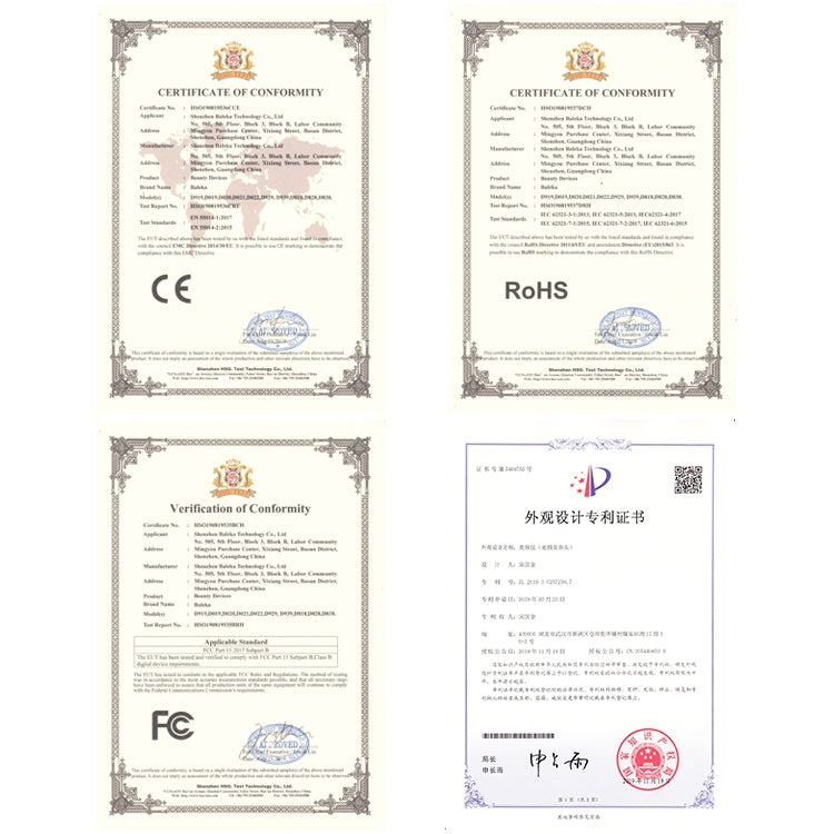 RF facial vibration compact lifting massager microcurrent compliance certificate documents