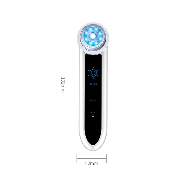 Silver compact facial massager with round blue LED treatment head and black display strip