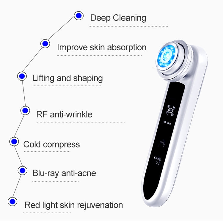 White facial massager with blue LED treatment head and black control panel