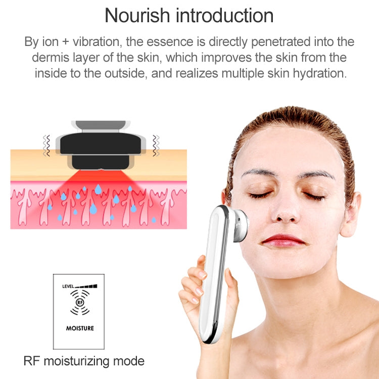 White facial RF moisturizing mode massager held in hand with silver blue LED head