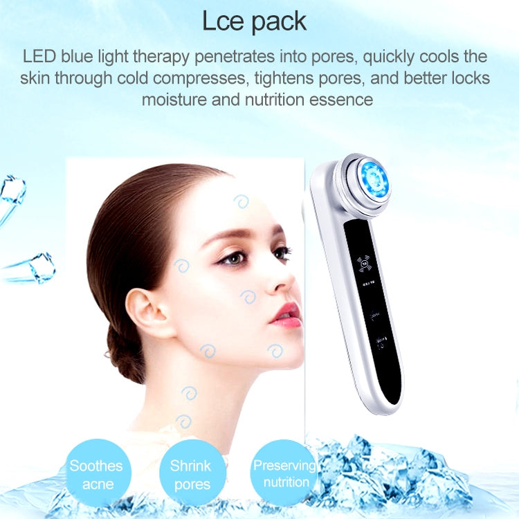 White facial massager with blue LED head and cold-compress concept visuals