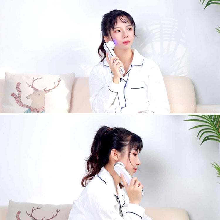 White facial massager used on face by a person during a skincare session