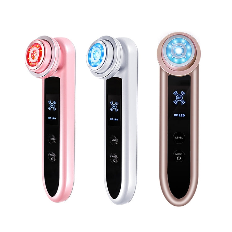 Three RF microcurrent facial lifting massagers in pink, white, and rose gold