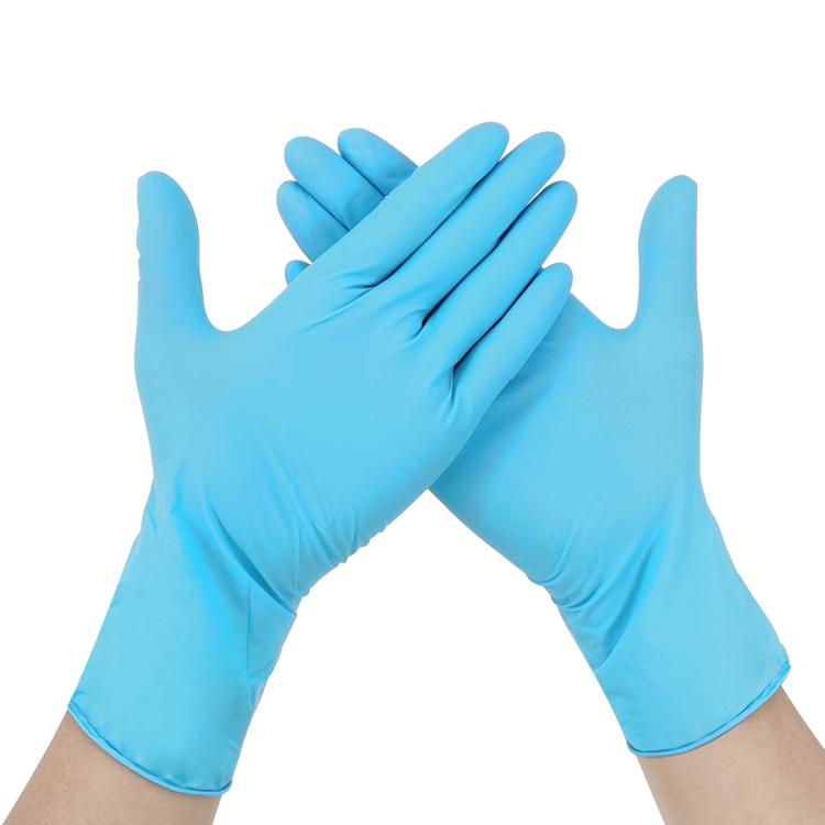 Blue disposable nitrile gloves, two hands wearing, size L close-up
