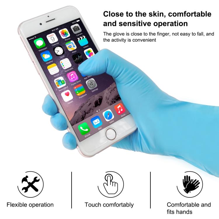 Blue disposable nitrile glove holding a smartphone