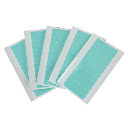 Five teal double-sided PU wig film strips on white backing sheets
