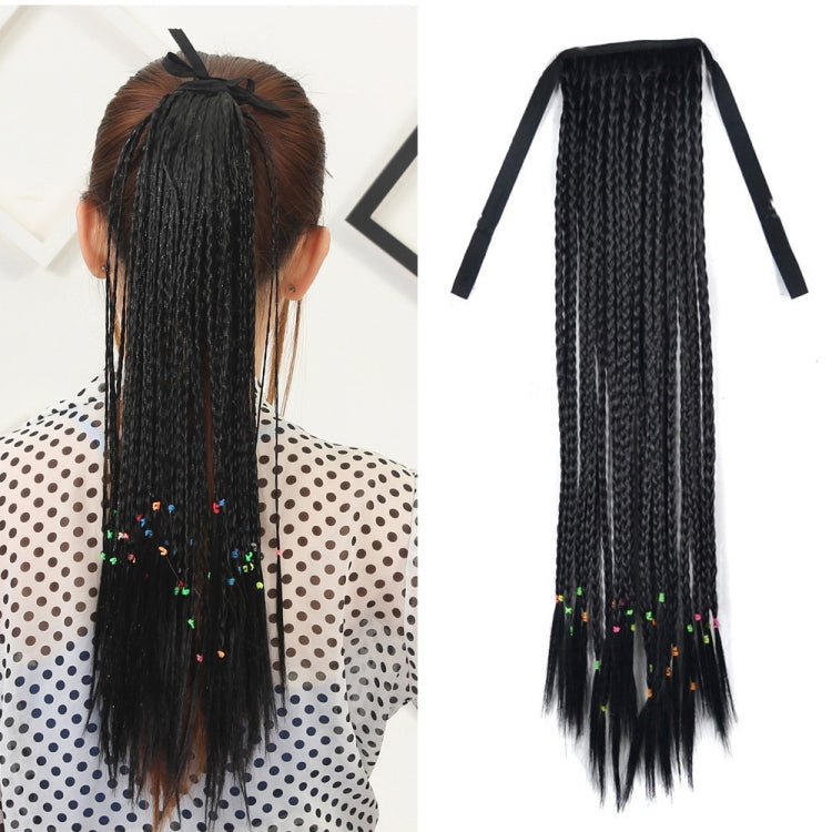 Long black ponytail hair extension with two fabric straps and multicolor thread accents