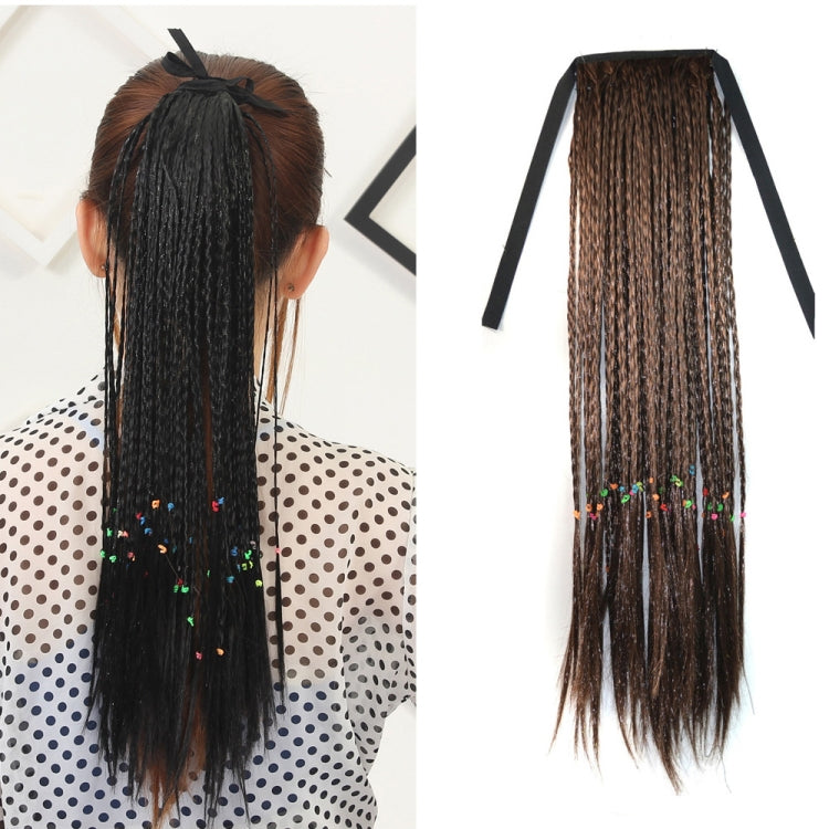 Long dark brown ponytail hair extension with two straps and multicolor thread highlights