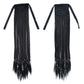 Long black braided ponytail hair extension with two fabric straps and colorful thread specks